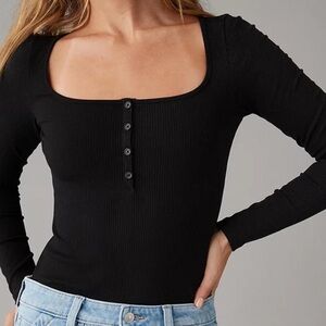American Eagle Scoop Henley Bodysuit Black Size L